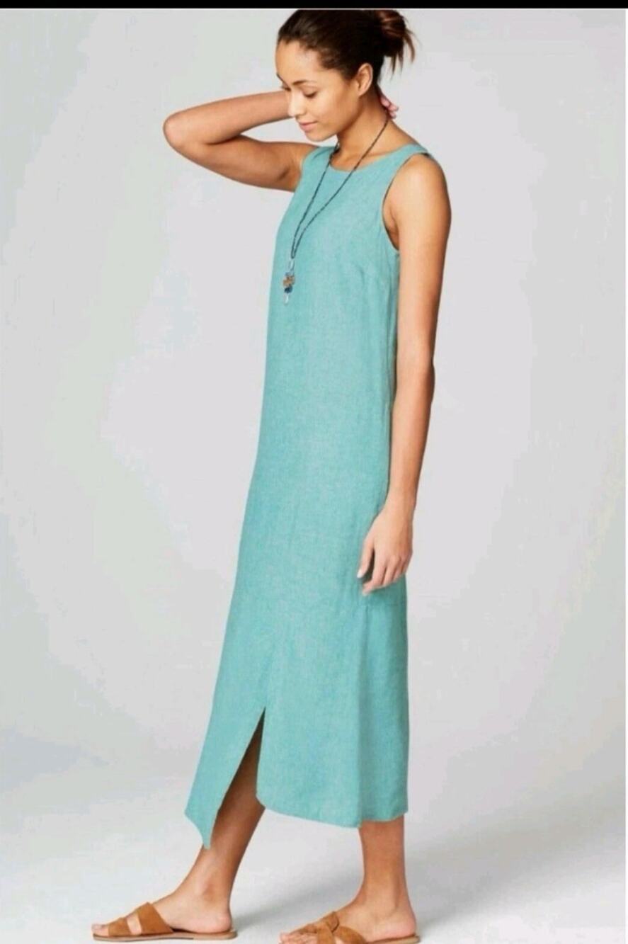 J.Jill Pure Jill Teal Linen & Rayon Asymmetric Dress Size LT Large Tall Pockets